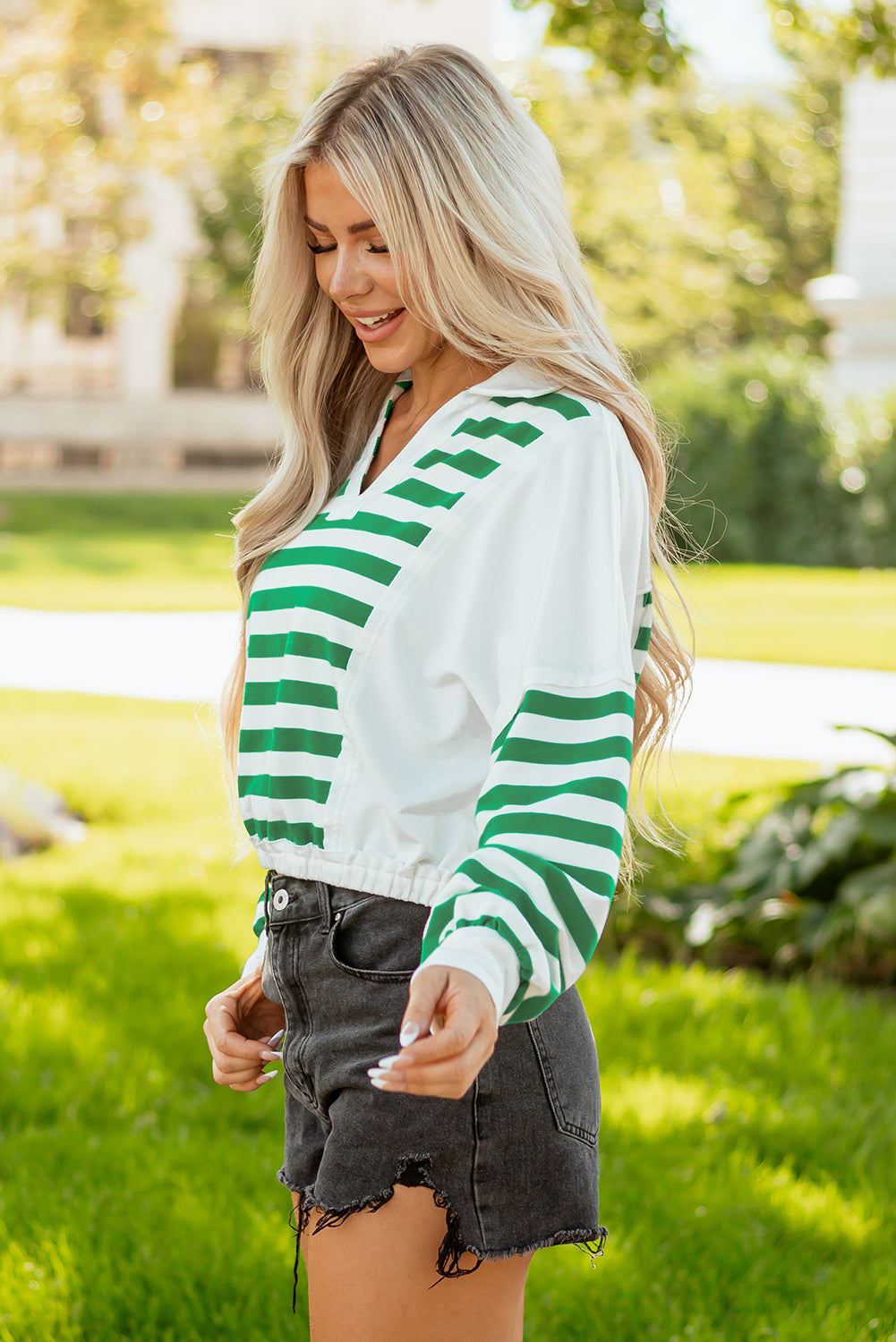 Stripe Colorblock Collared V-Neck Cropped Top