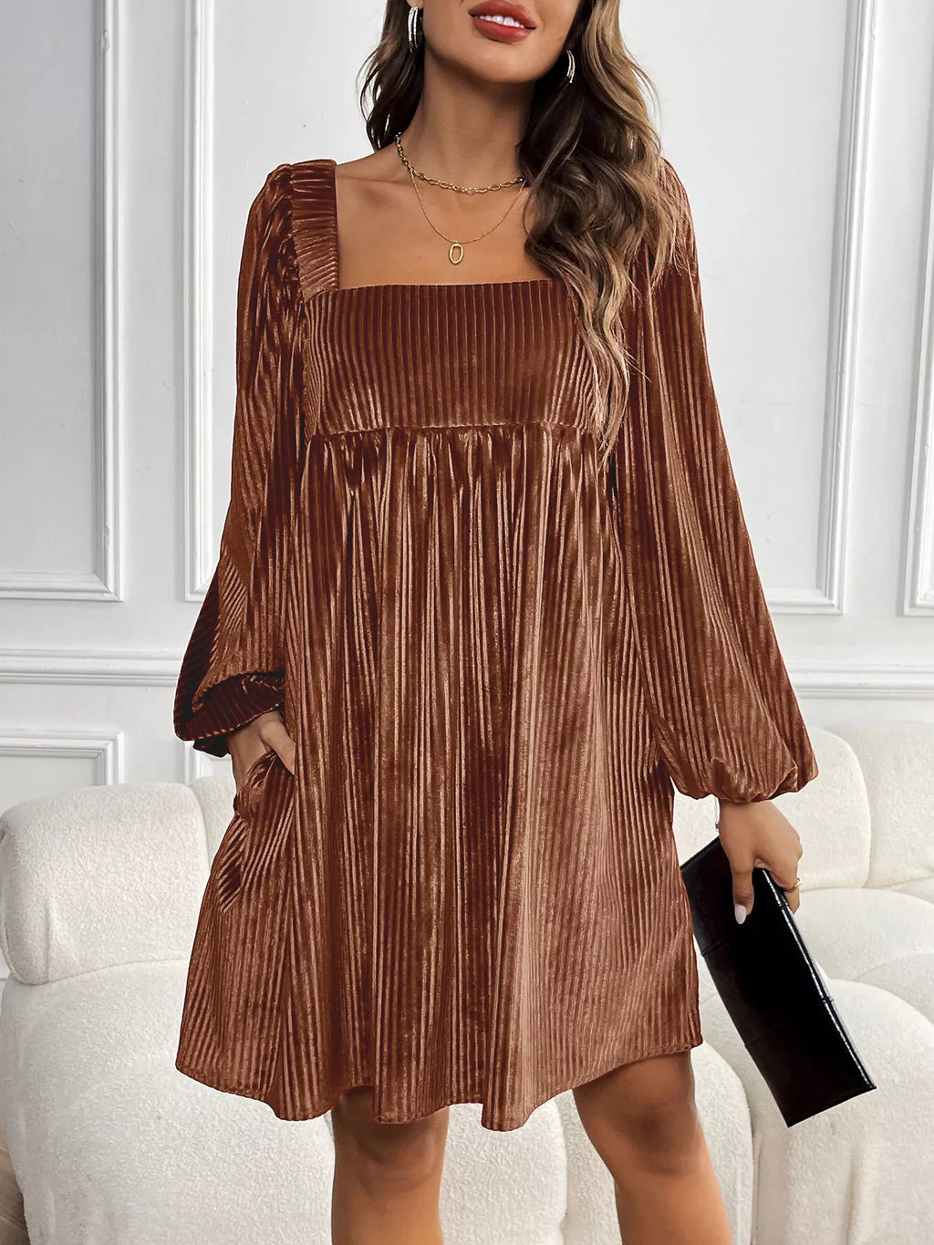 Velvet Square Neck Long Sleeve Dress