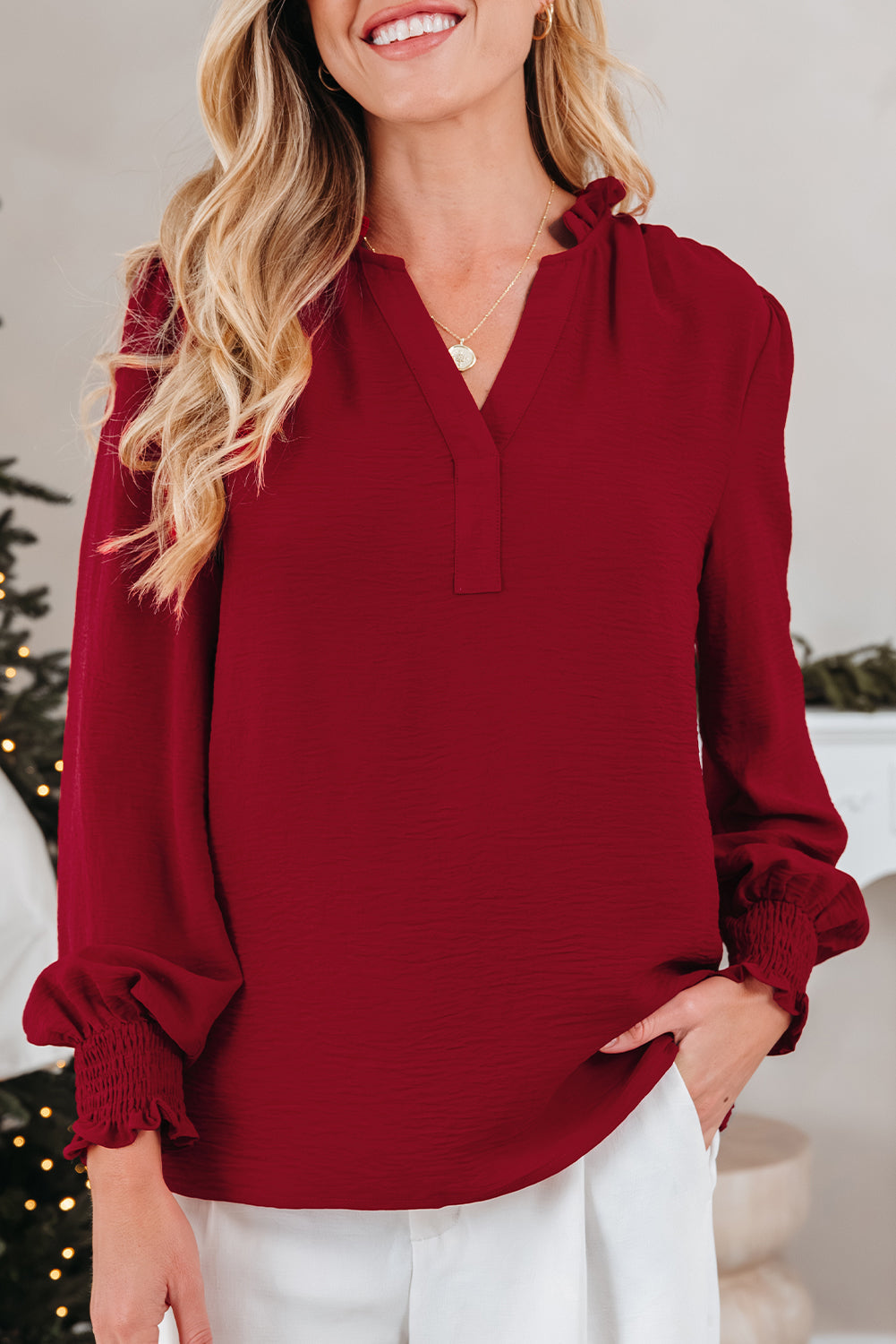 Solid Notched Neck Shirred Cuff Long Sleeve Blouse
