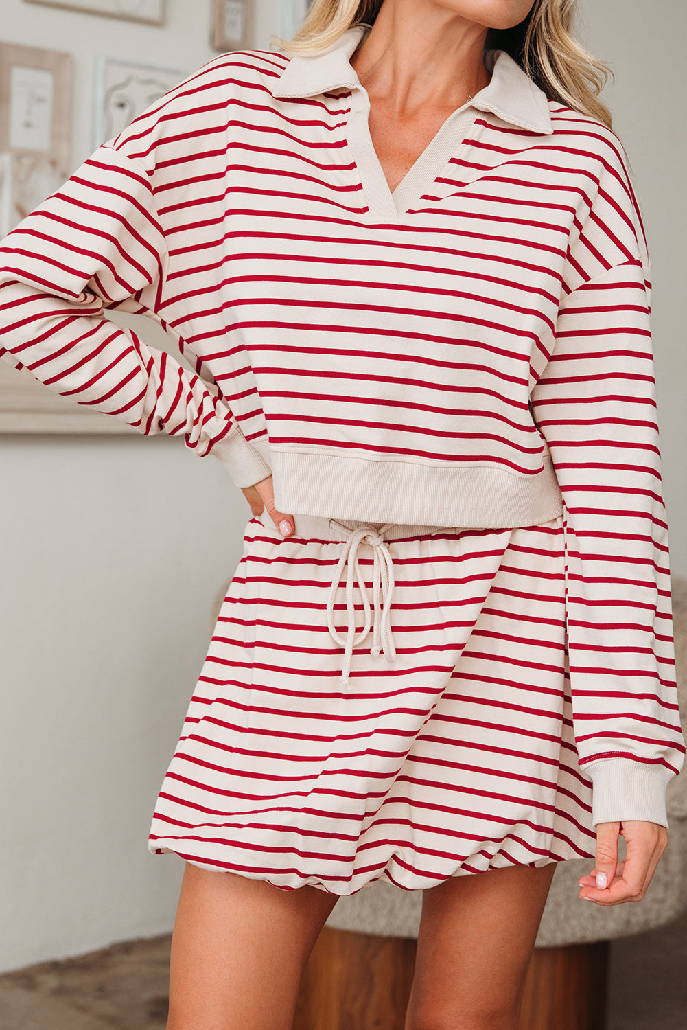 Stripe Cropped Pullover and Bubble Mini Skirt Set