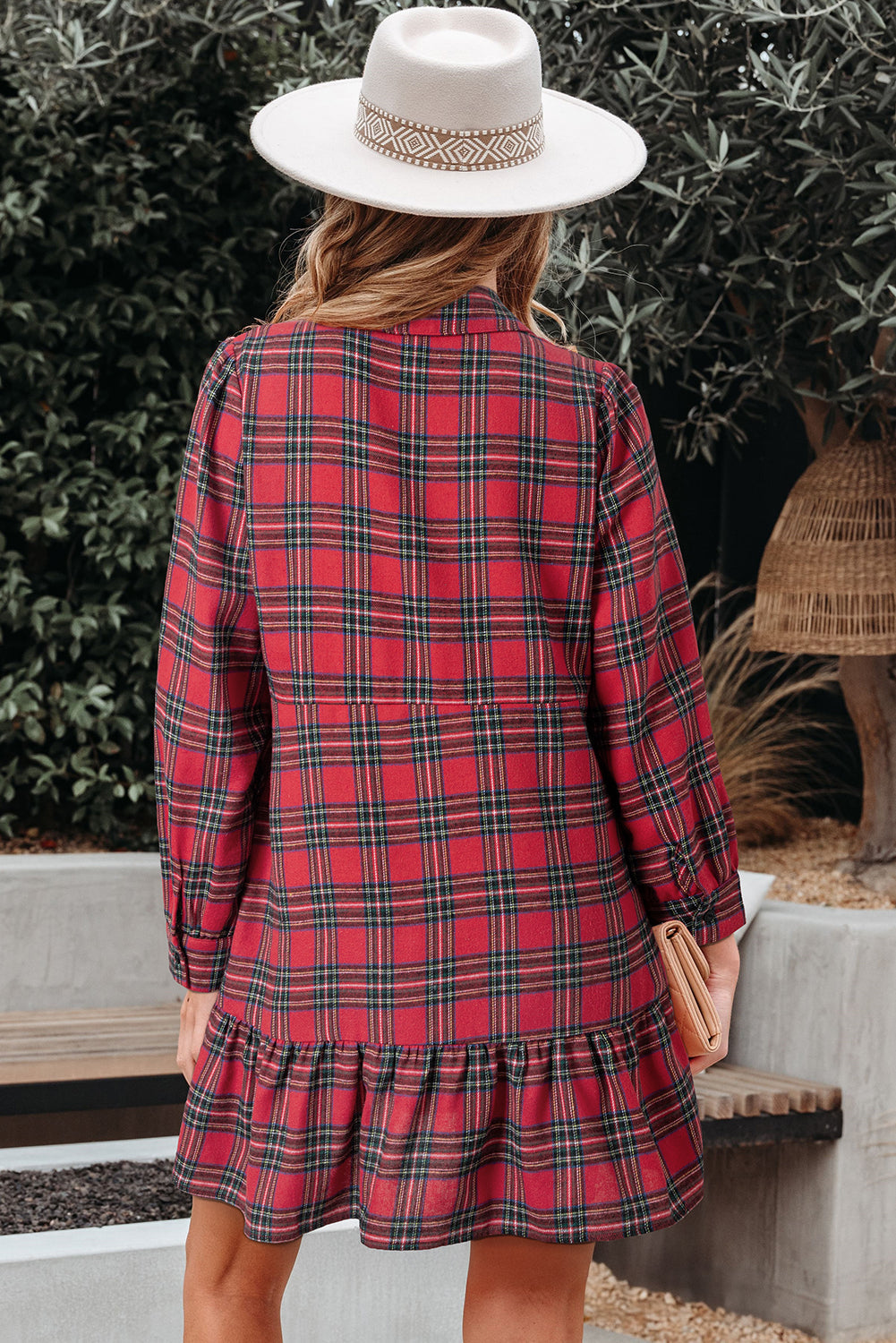 Plaid Ruffle Hem Collared Half-Button Mini Dress