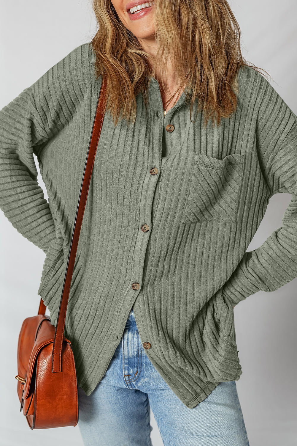 Thermal Ribbed Button-Up Drop Shoulder Textured Shacket