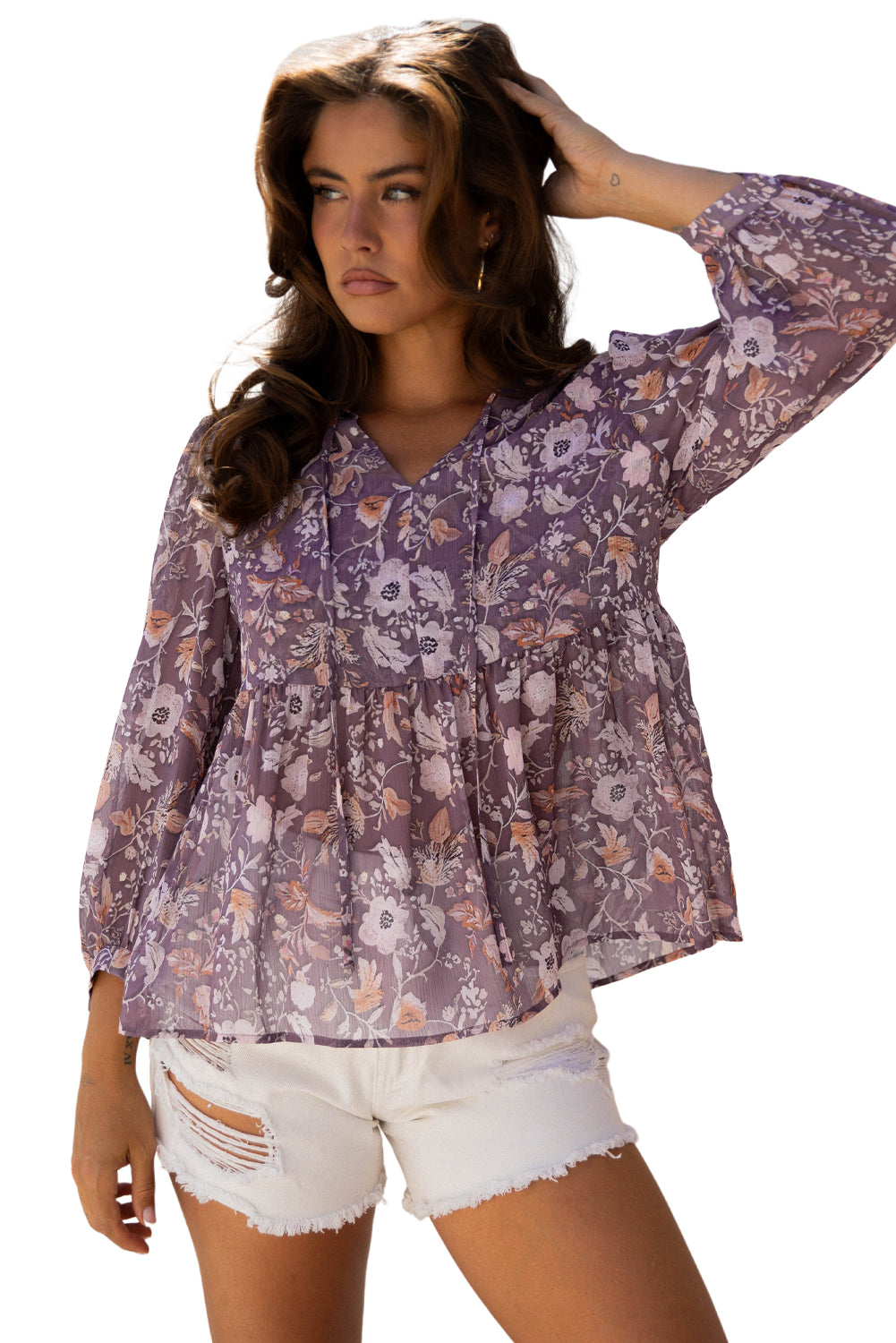 Boho Floral 3/4 Sleeve Babydoll Blouse