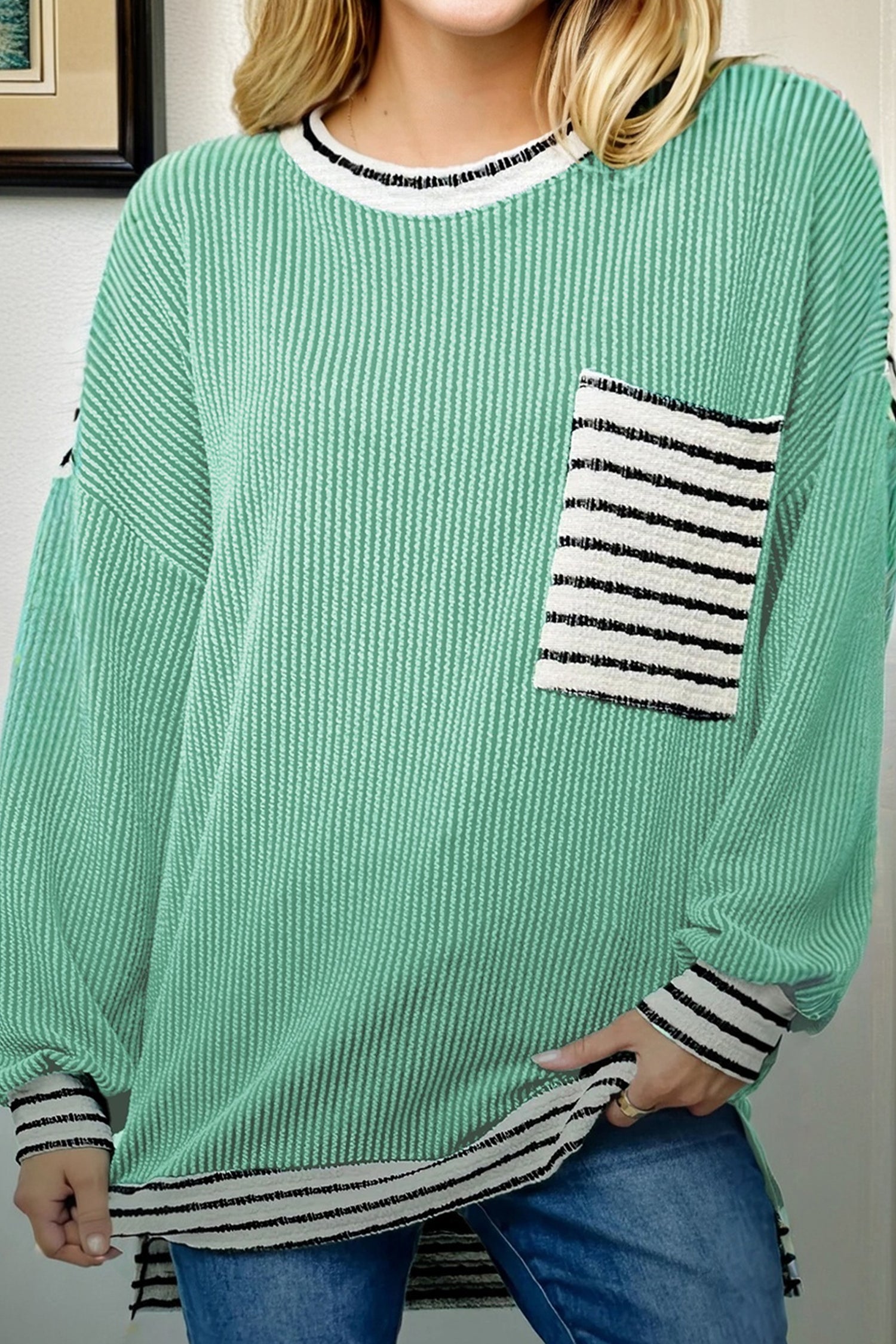 Stripe Corded Knit Patchwork Long Sleeve Top