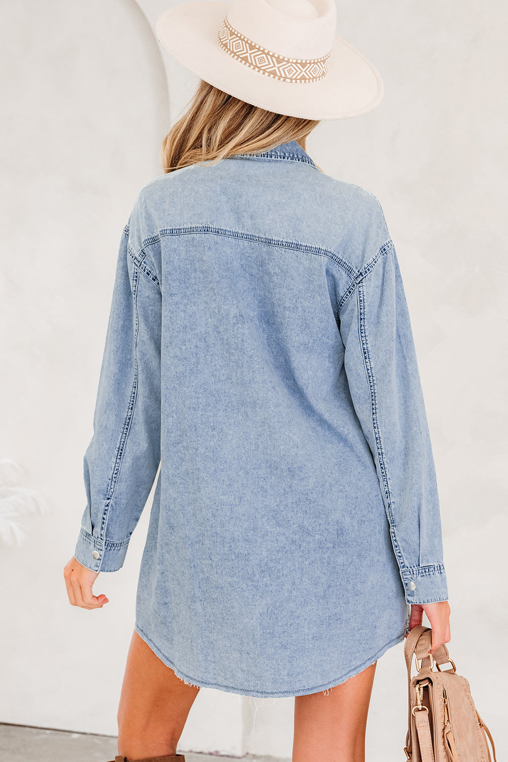Solid Denim Chest Pocket Raw Hem Shirt Dress