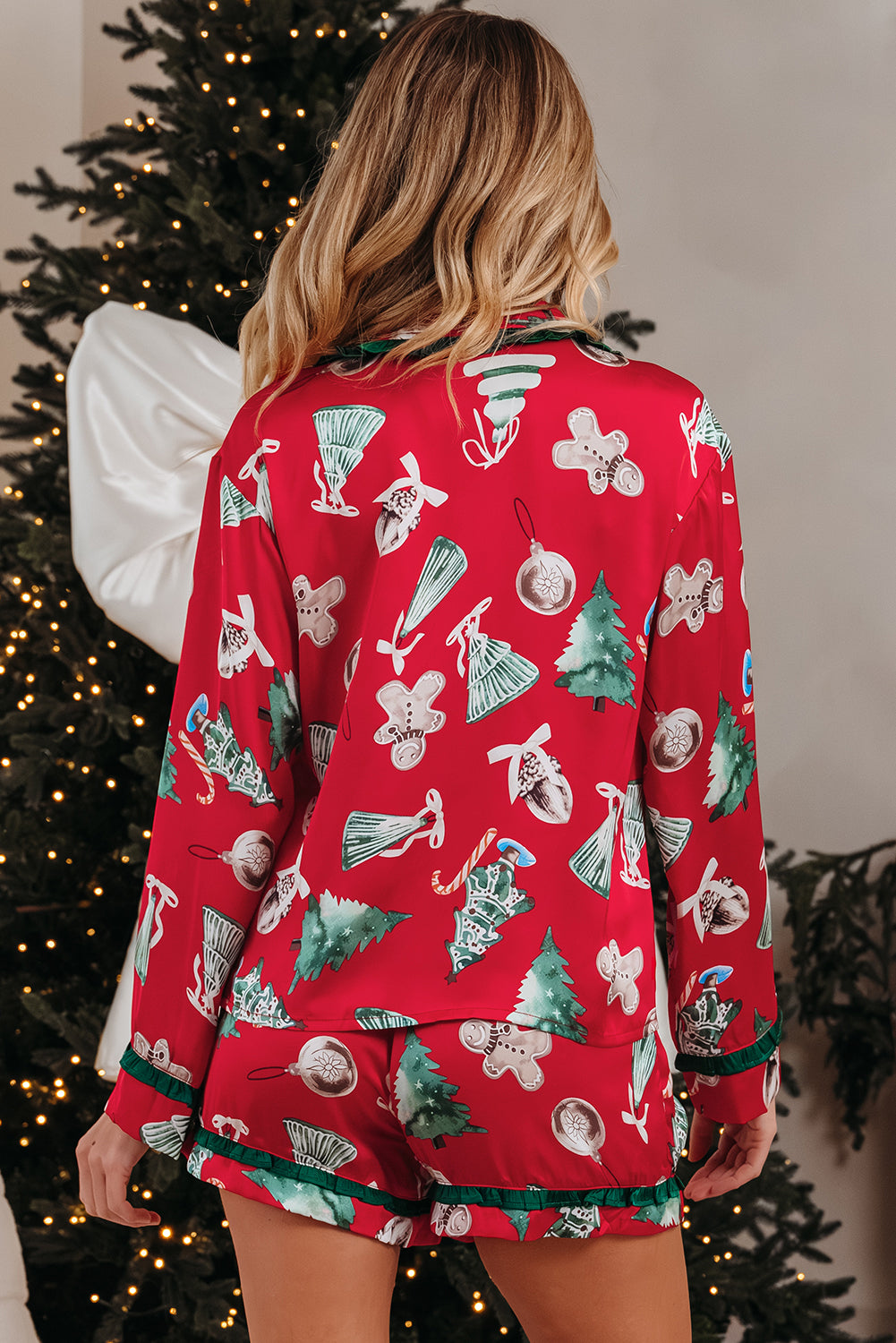 Christmas Bow Ruffle Trim Top and Shorts Pajama Set