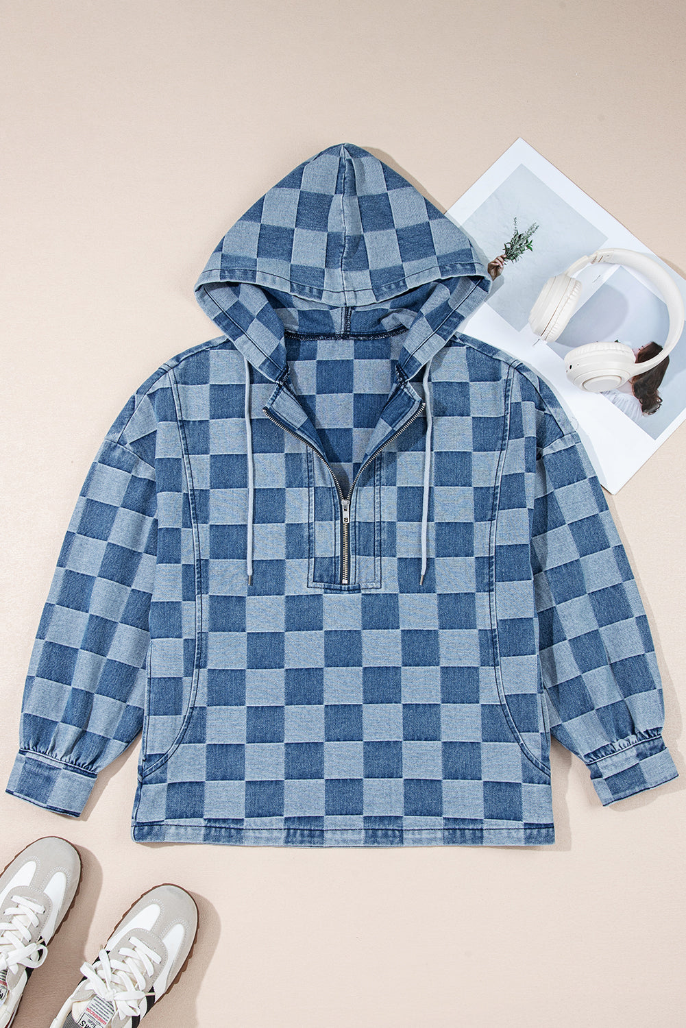 Checker Denim Half-Zip Pocketed Hoodie