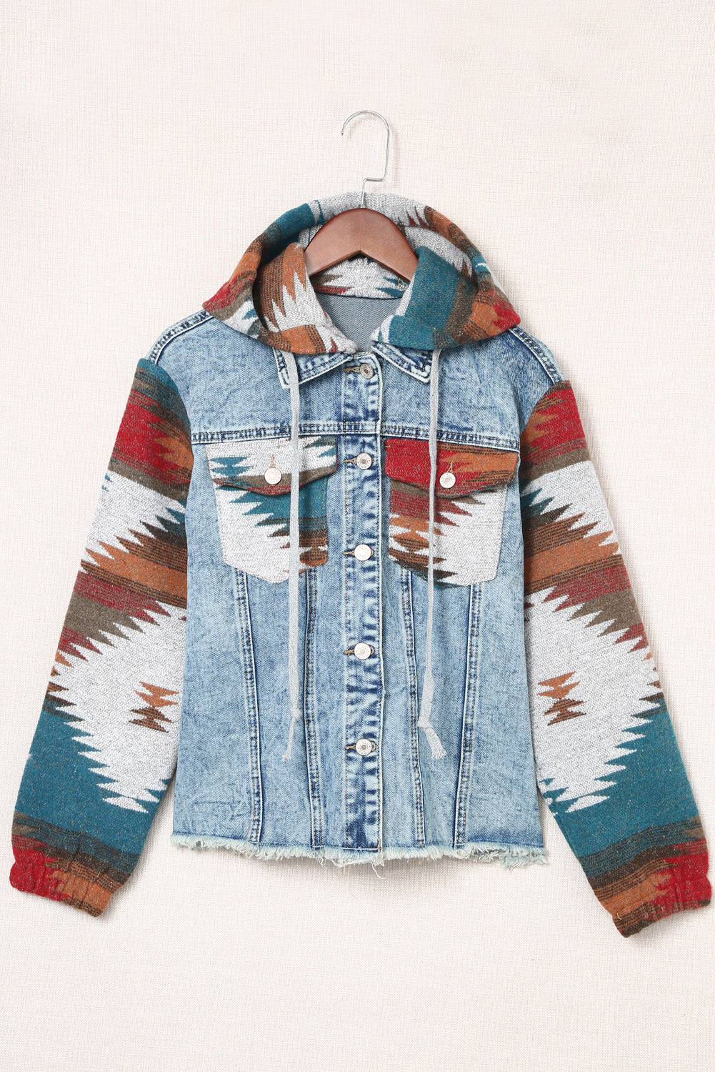 Aztec Denim Frayed Hem Jacket