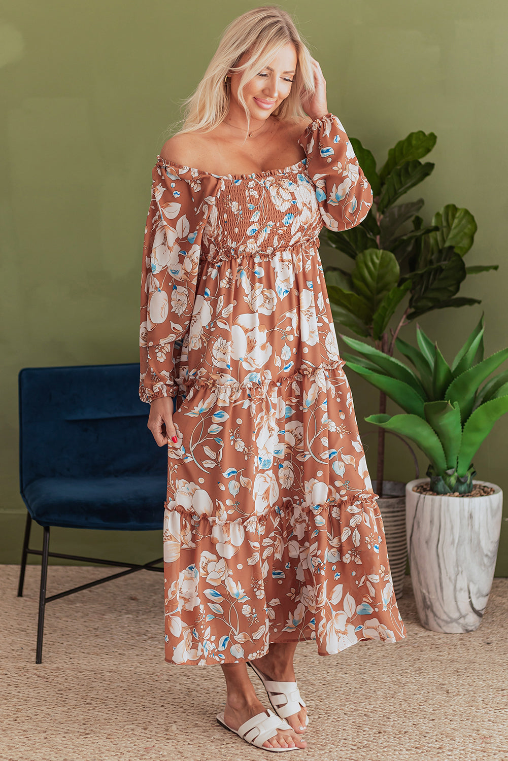 Floral Shirred Square Neck Maxi Dress