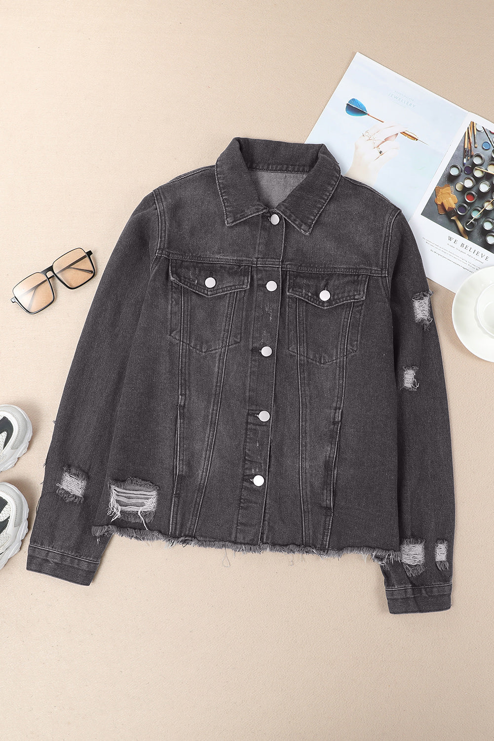 Denim Lapel Distressed Raw Hem Buttoned Jacket