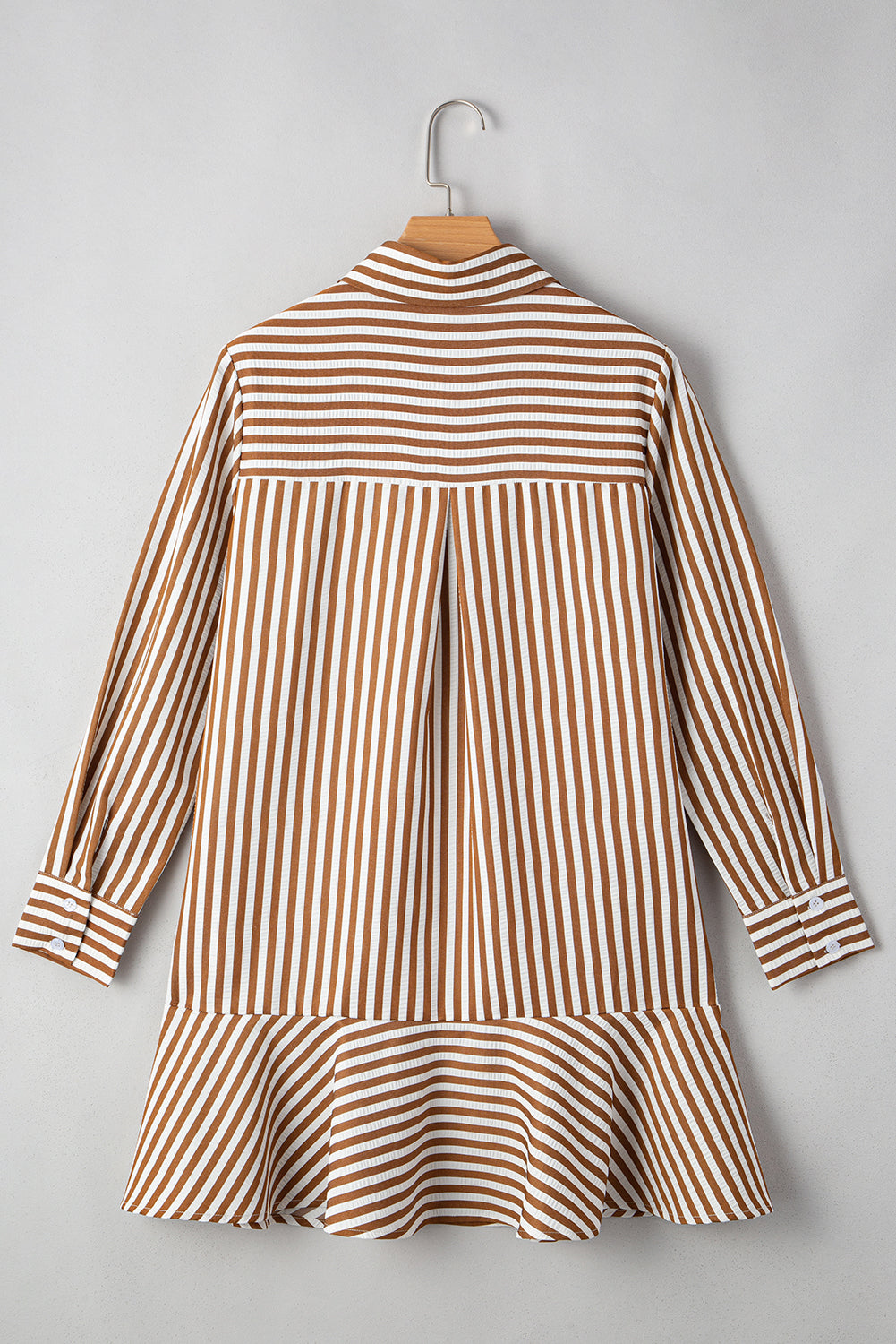 Stripe Ruffle Hem Collared Long Sleeve Shirt Mini Dress