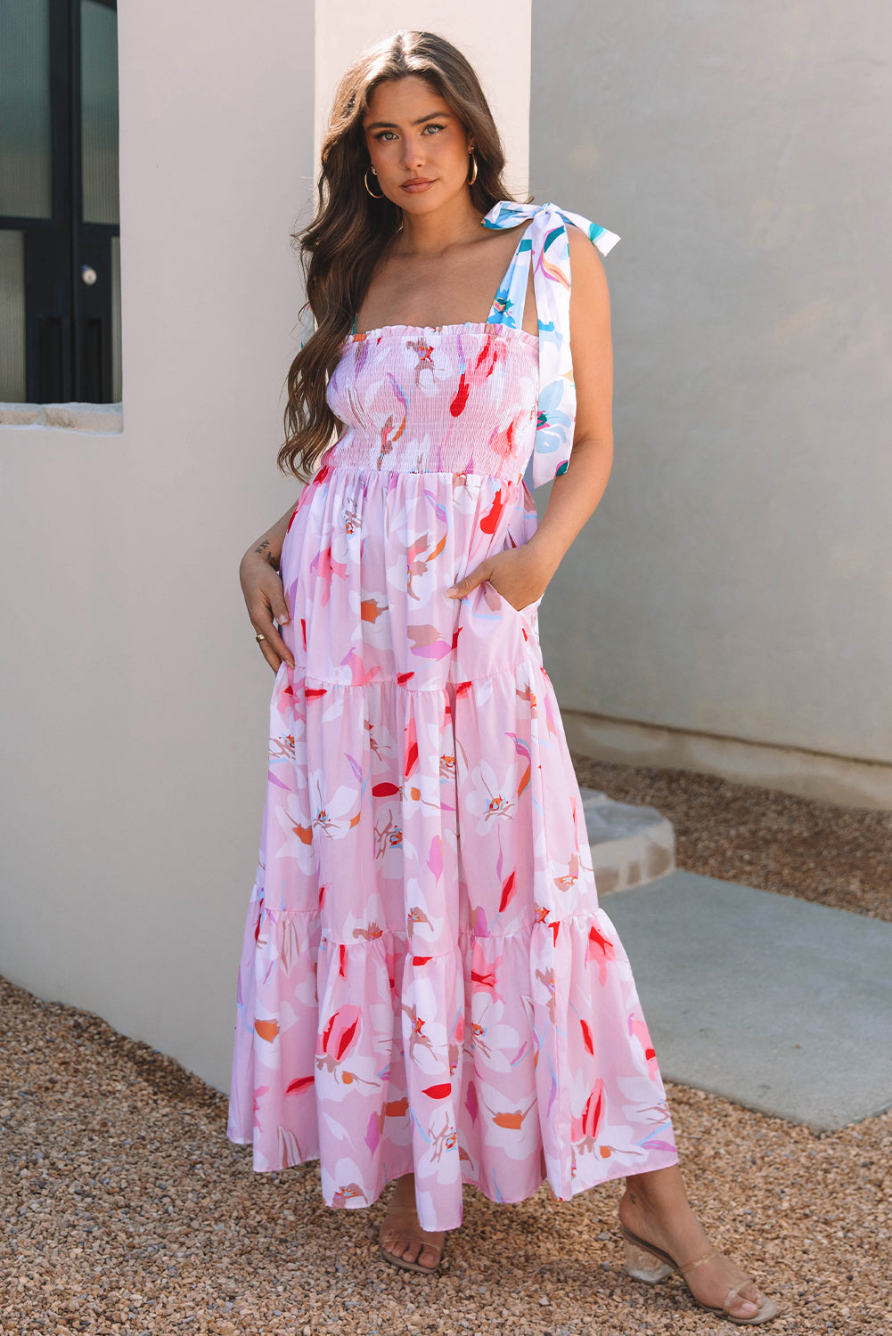 Floral Knotted Shoulder Smocked Maxi Dress