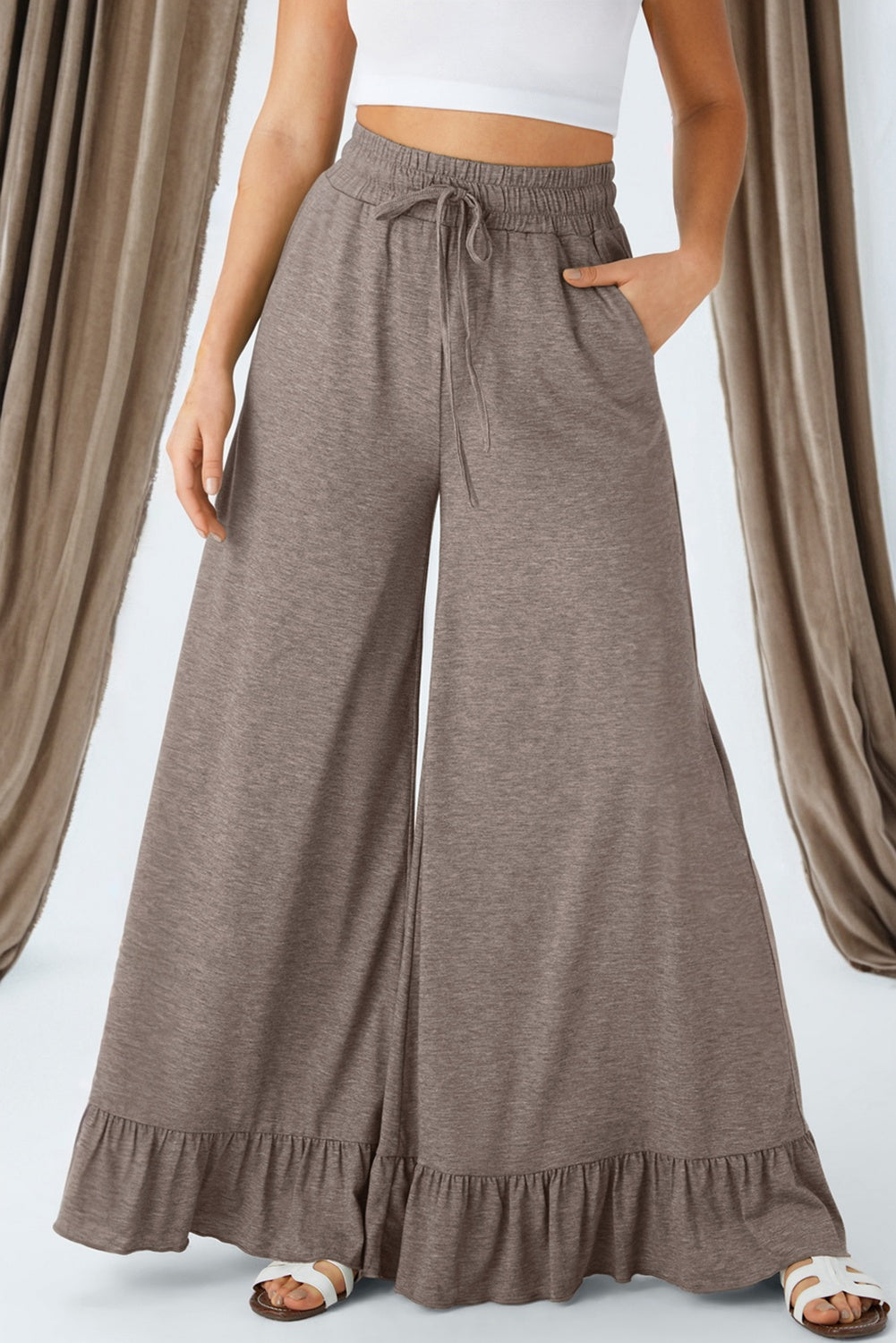 Solid Ruffle Wide Leg High Waist Pants