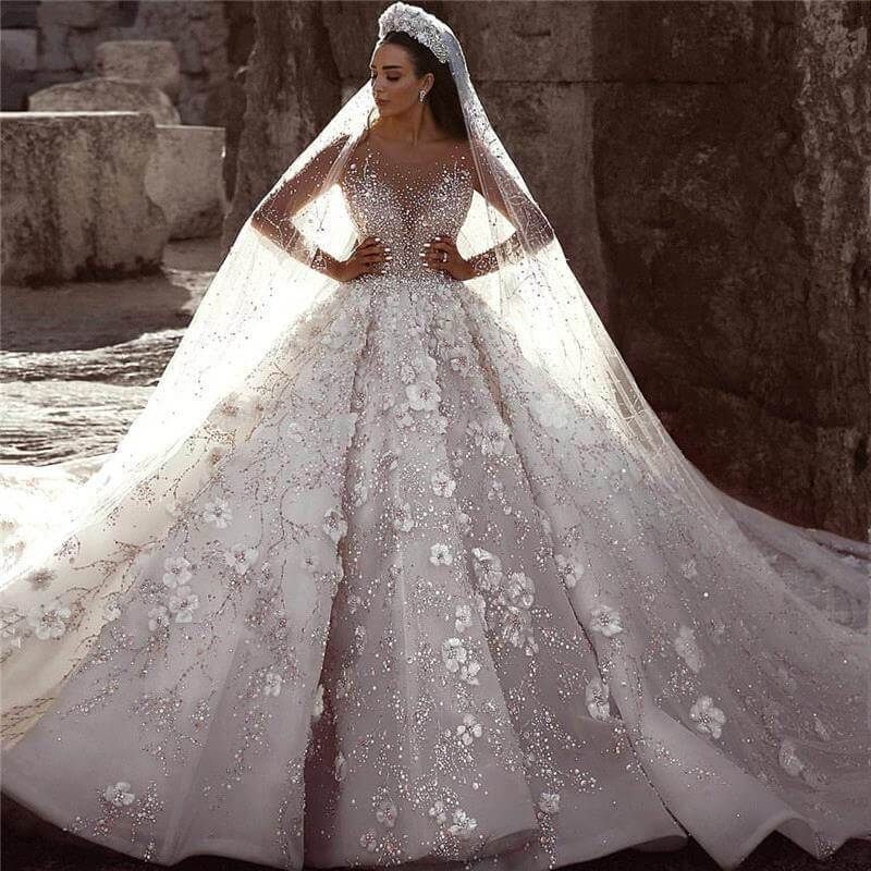 Luxury Beaded Lace Wedding Dress with 3D Floral Design
