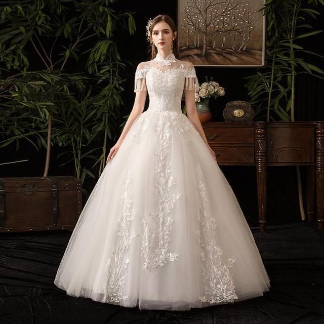 Vintage High Neck Short Sleeve Wedding Dress