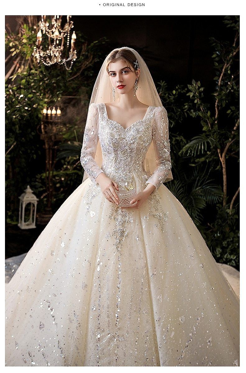 Luxury Princess Long Sleeves Wedding Dress with Crystal Sequined Lace