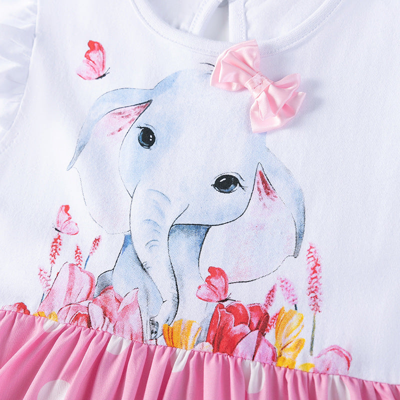 Summer Arrival Elephant Cartoon Pattern Fly Sleeves Color Patchwork Dress for Stylish Girls