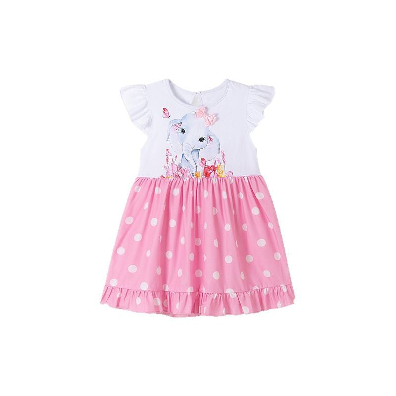 Summer Arrival Elephant Cartoon Pattern Fly Sleeves Color Patchwork Dress for Stylish Girls