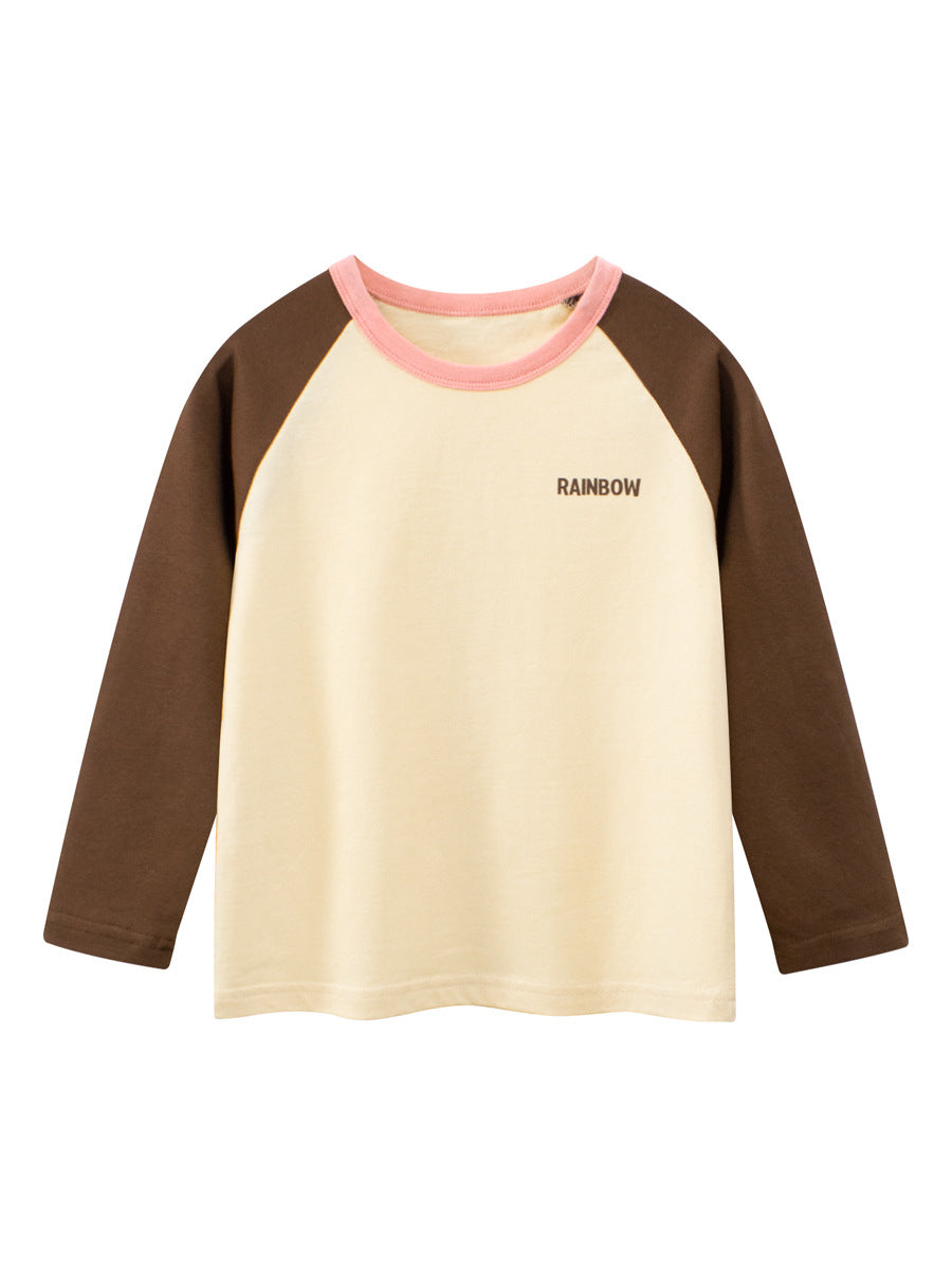 Autumn Baby Kids Girls Letters Pattern Print Long Sleeves Crew Neck Color Patchwork Top Shirt