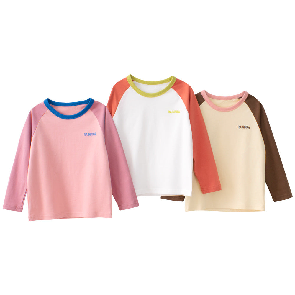 Autumn Baby Kids Girls Letters Pattern Print Long Sleeves Crew Neck Color Patchwork Top Shirt