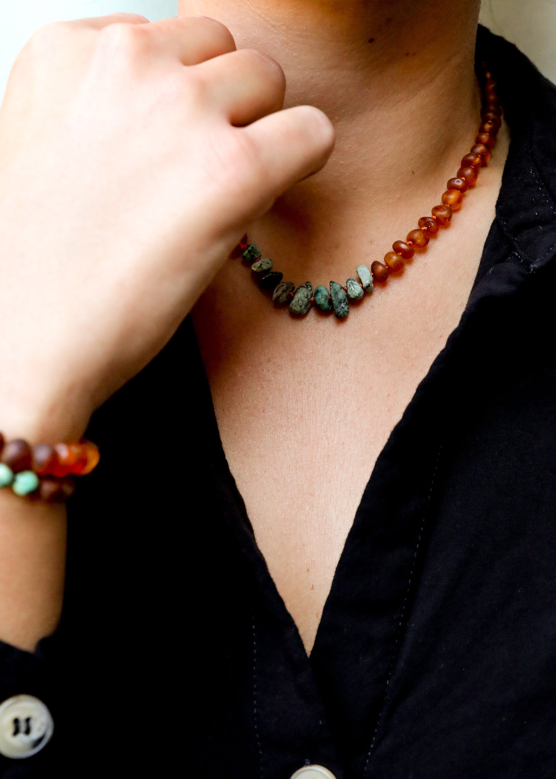 Raw Cognac Baltic Amber + Raw Turquoise Jasper || Necklace
